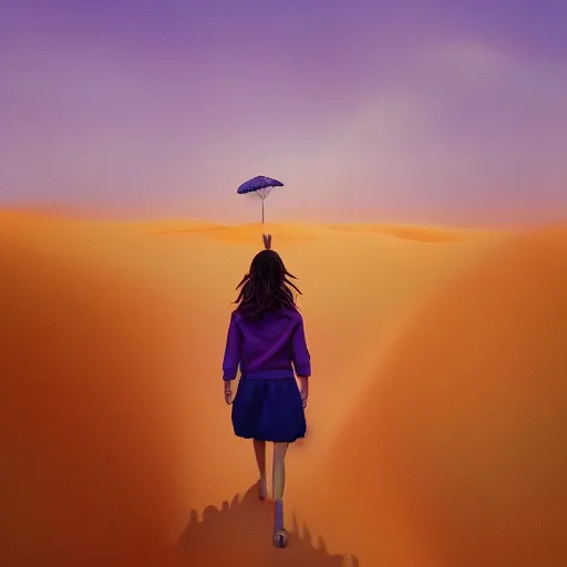 Image similar to portrait, giant purple dahlia flower head, girl walking between dunes, surreal photography, sunrise, blue sky, dramatic light, impressionist painting, digital painting, artstation, simon stalenhag