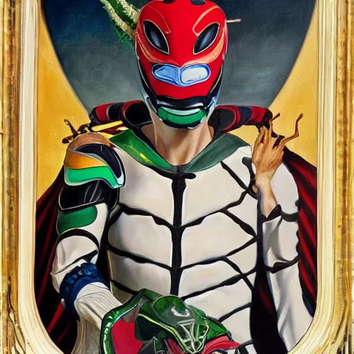 Image similar to a realistic painting by Raffaello Sanzi depicting the Kamen Rider Ichigo with the head of the symbiotic Venom in the Renaissance.