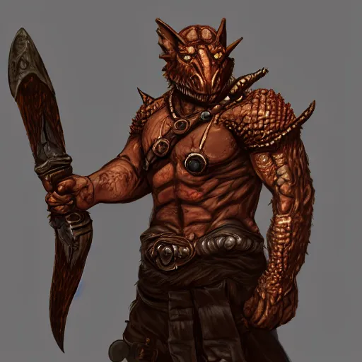 Image similar to portrait concept art of a wounded, copper, scaly dragonborn barbarian with a lot of battlescarsand a missing eye, character design, concept art, render, trending on artstation