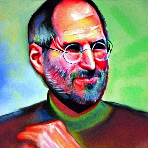 Prompt: impressionist painting of president steve jobs giving a speech