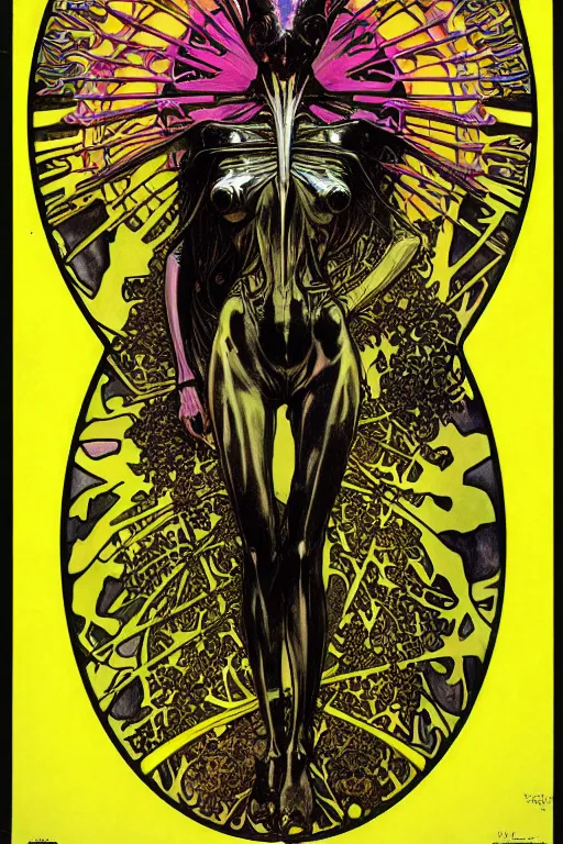 Image similar to black and yellow technicolor color risoprint, alphonse mucha, richard corben, wayne barlowe, moebius, heavy metal comic cover art, psychedelic triangular skeletal calcification fungus lich in darkiron spike armor, full body, hollow eyes, symmetrical face, long black crown, in a dungeon background, moody dark colors