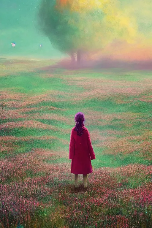 Prompt: portrait, giant flower over head, a girl wearing a coat in heather field, surreal photography, wind and cold, dramatic sky, impressionist painting, digital painting, artstation, simon stalenhag