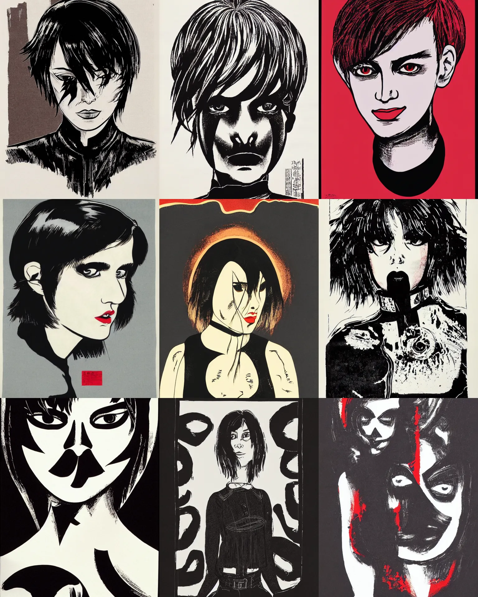 Prompt: A silkscreen print serigraph. Her hair is dark brown and cut into a short, messy pixie cut. She has a slightly rounded face, with a pointed chin, large evil eyes with entirely-black sclerae!!!!!, and a small nose. She is wearing a black leather jacket, a black knee-length skirt, a black choker, and black leather boots.