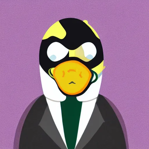 Prompt: man in a suit wearing a mask of an emperor penguin, illustration