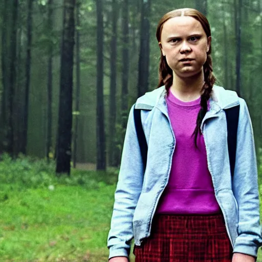 Prompt: Greta Thunberg as eleven in Stranger Things