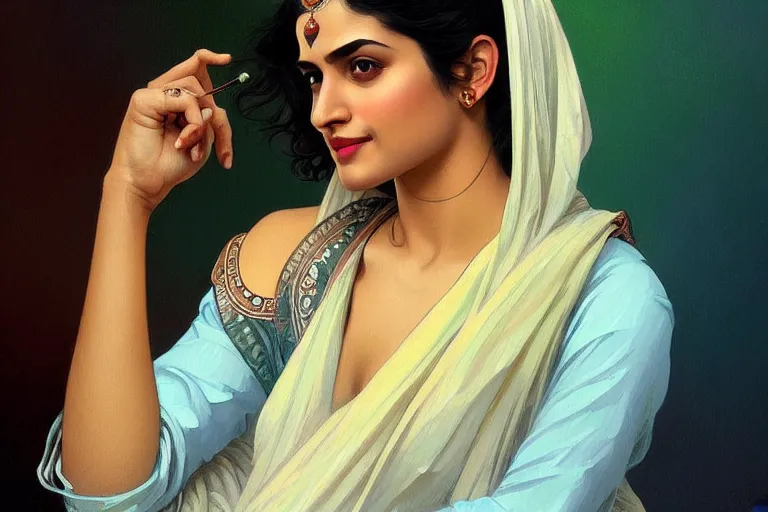 Image similar to sensual pale beautiful indian doctor in jeans, art deco portrait, elegant, intricate, digital painting, artstation, concept art, smooth, sharp focus, illustration, art by artgerm and greg rutkowski and alphonse mucha