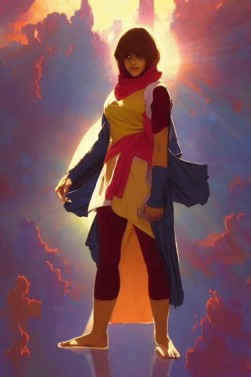 Image similar to A Full View of Kamala Khan played by Iman Vellani, filled with wonder. MCU. John hughes film. masterpiece 4k digital illustration by Ruan Jia and Mandy Jurgens and Artgerm and greg rutkowski and Alexander Tsaruk and WLOP and william-adolphe bouguereau, award winning, Artstation, art nouveau aesthetic, Alphonse Mucha background, intricate details, realistic, panoramic view, Hyperdetailed, 8k resolution, intricate art nouveau