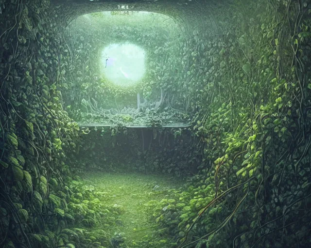 Image similar to A beautiful interior of an overgrown bus full of lush plants, rich vines and verdant flowers, digital art, trending on Artstation, thick atmosphere, fireflies flying around, 4k wallpaper, Zdzislaw Beksinski