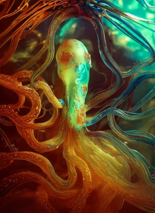 Image similar to subsurface scattering, organic cyborg made of soft wax, cgsociety, translucent, organic squid and ceramic art nouveau swirls, golden orbs, colored smoke, in the style of alberto seveso and ruan jia and beeple and giger, mystical colors, back light, rim light, dramatic lighting, 8 k, stunning scene, raytracing, octane render