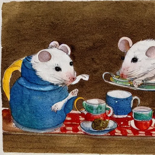 Image similar to russian mouse drinks tea from samovar with her little children, children book illustration, 9 k, watercolor