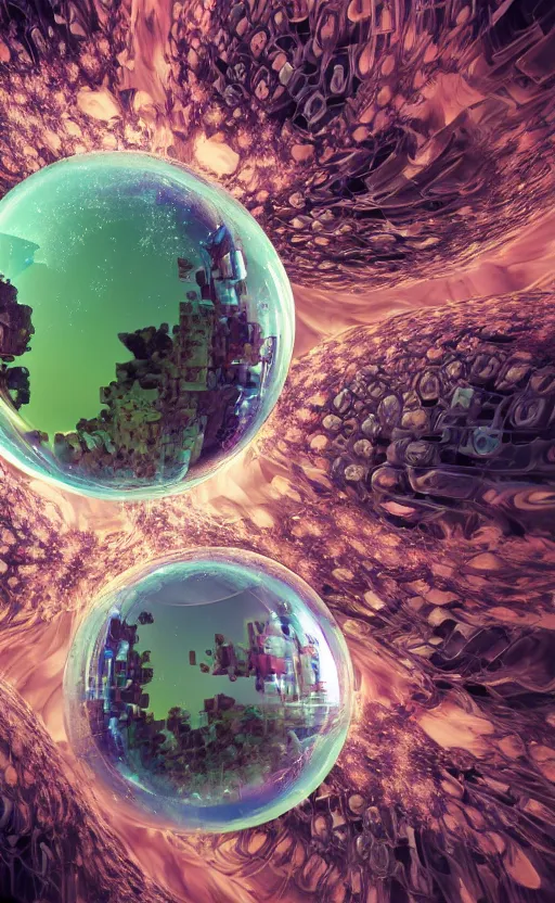 Image similar to macro photo of biotech organic bubble giving birth to a multicellular mandelbulb fractal shape, cyberpunk, weird, octane render, hyper realistic reflections, graphic, hd, 8 k, vivid colors