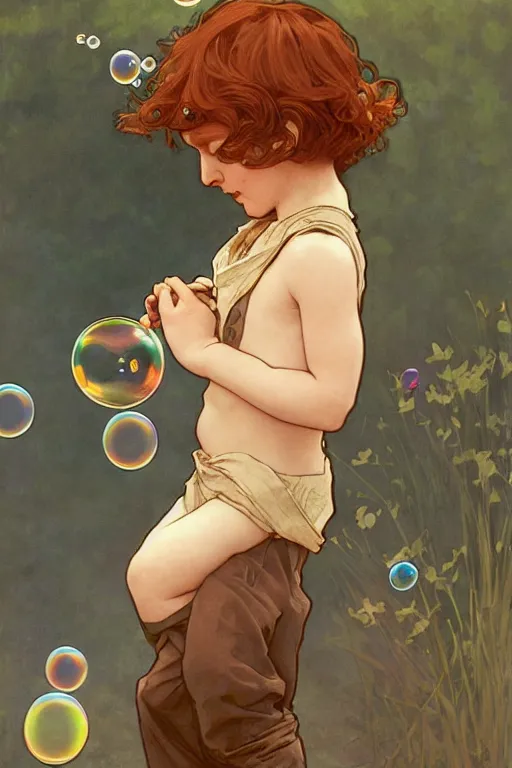 Prompt: a little boy with ginger hair chasing bubbles. clean elegant simple illustration, beautiful detailed face. by artgerm and greg rutkowski and alphonse mucha