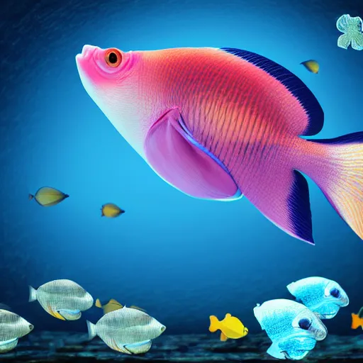 Image similar to 3 d render of a cute tropical fish in an aquarium on a dark blue background, digital art