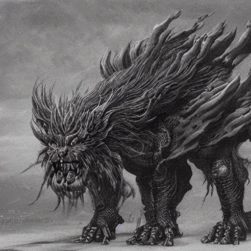 Image similar to warhammer manticore concept, beksinski