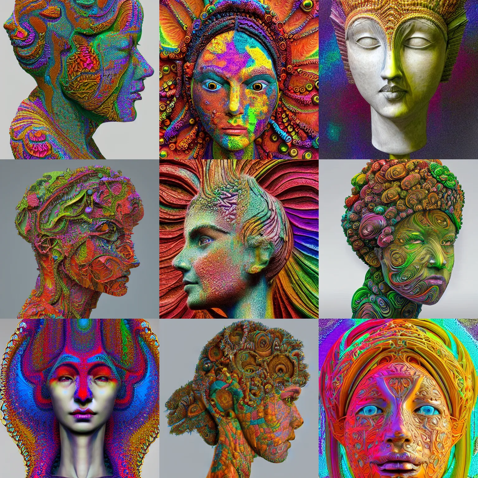 Prompt: an intricate and extremely detailed sculpture of a female head with a colorful fractal texture