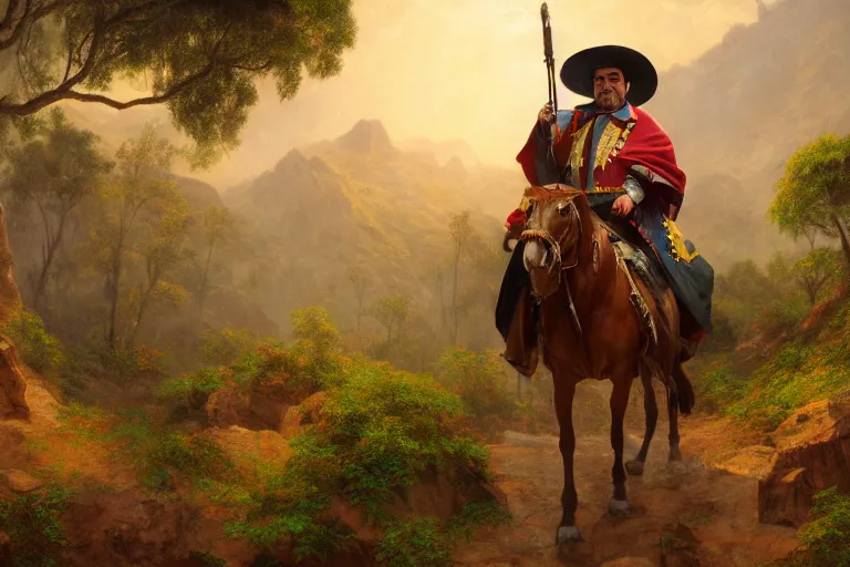 Image similar to a detailed 3 d render of bruno from encanto dressed as pancho villa, poncho, 1 8 th century south america, octane render, 8 k, volumetric lighting, in the style of disney, art by albert bierstadt and thomas moran