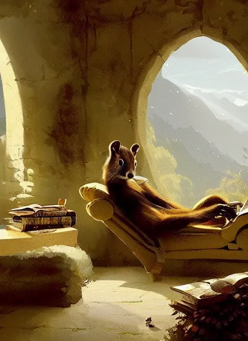 Image similar to a beautiful scene from a 2 0 2 2 fantasy film featuring a humanoid pine marten with golden eyes wearing a loose white tunic reading on a couch. joseph ducreux, greg rutkowski.