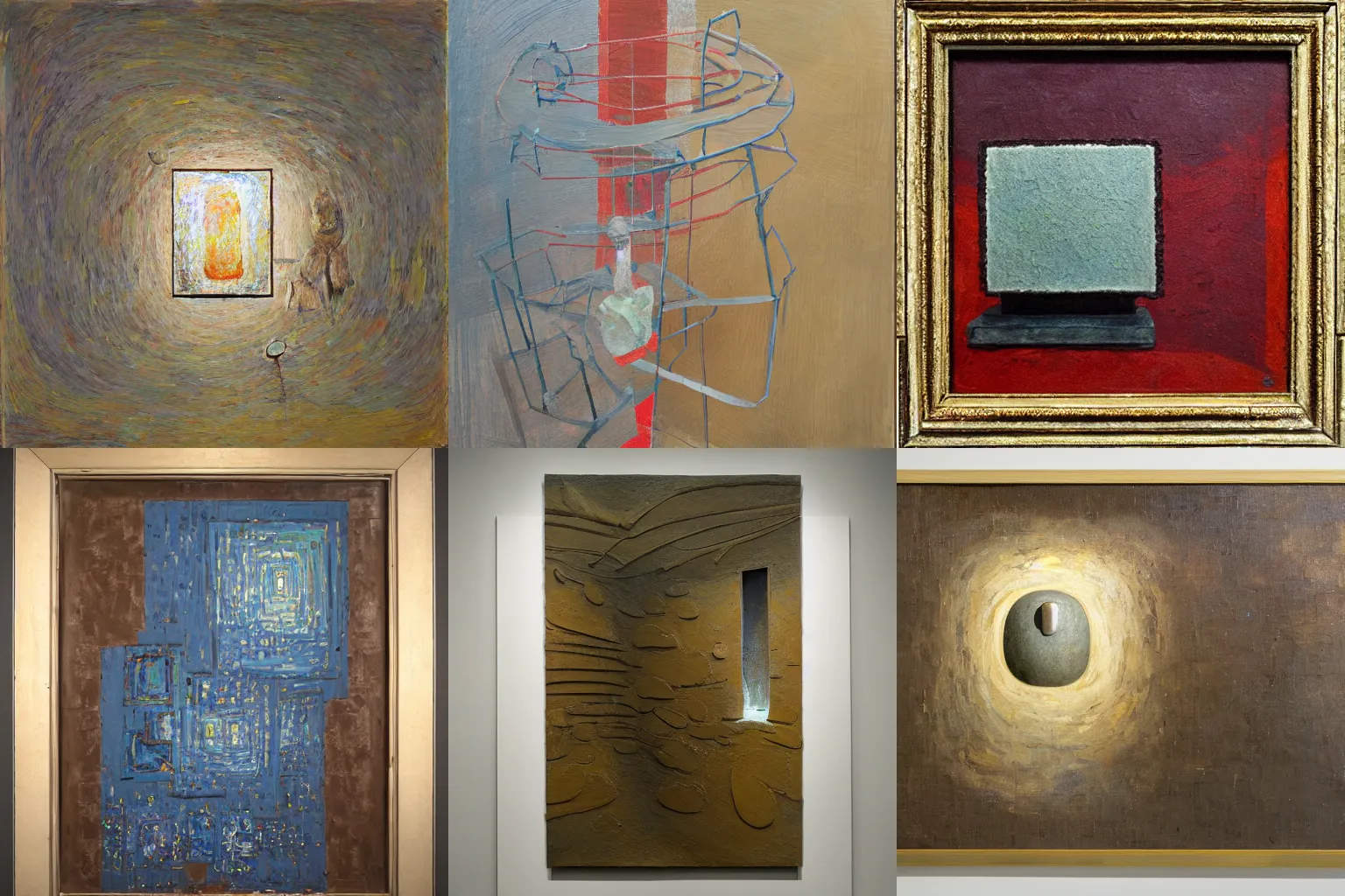 Prompt: a detailed, impasto painting by shaun tan and louise bourgeois of an abstract forgotten sculpture by ivan seal and the caretaker, frameless hospital lighting