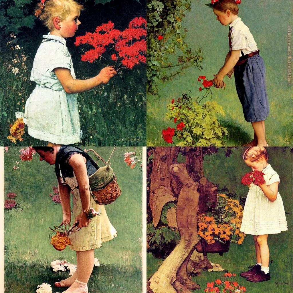 Prompt: Norman Rockwell painting of a person picking flowers