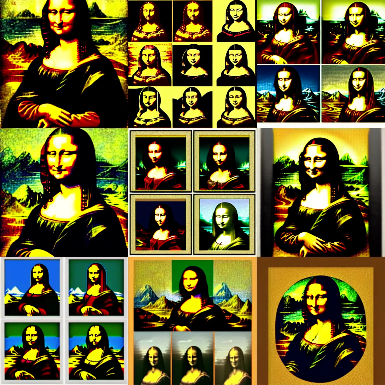 Prompt: image of four equal areas. each area contains a different image of The Mona Lisa by various painters