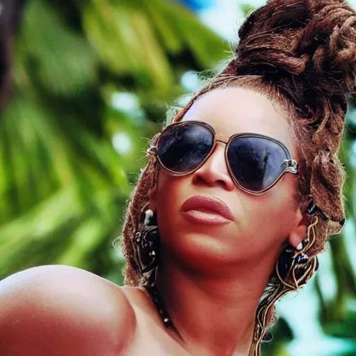 Prompt: beyonce in samoa drinking a coconut