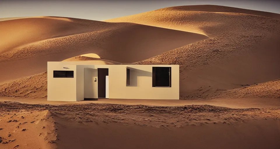 Prompt: IKEA catalogue photo, high end farm house style kitchen, sand dunes, coffee machine, by Beksiński