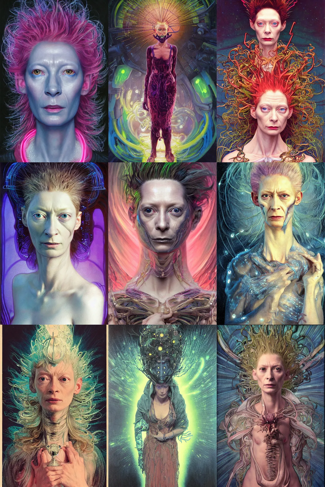 Prompt: awe-inspiring award-winning concept art full body face portrait painting of attractive anglerfish cyberpunk Tilda Swinton in neon shrouds as the goddess of lasers, sparks, by Julie Bell, Jean Delville, Virgil Finlay, Alphonse Mucha, Ayami Kojima, Amano, Charlie Bowater, Karol Bak, Greg Hildebrandt, Jean Delville, Frank Frazetta, Peter Kemp, and Pierre Puvis de Chavannesa, extremely moody lighting, glowing light and shadow, atmospheric, shadowy, cinematic, 8K,
