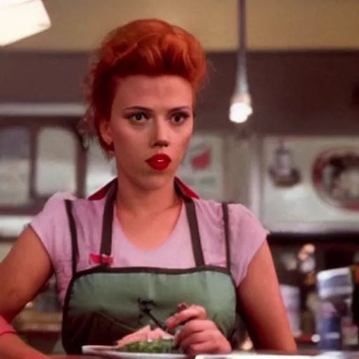 Prompt: a still of Scarlett Johansson as a waitress at the double r diner in Twin Peaks (1990)