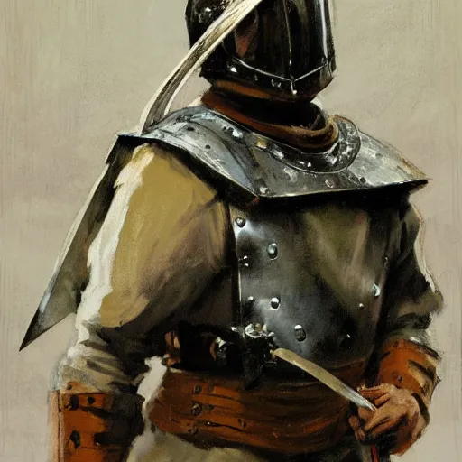 Image similar to portrait of man wearing gambeson and sallet helmet, swinging sword, fighting, detailed by greg manchess, craig mullins, bernie fuchs, walter everett