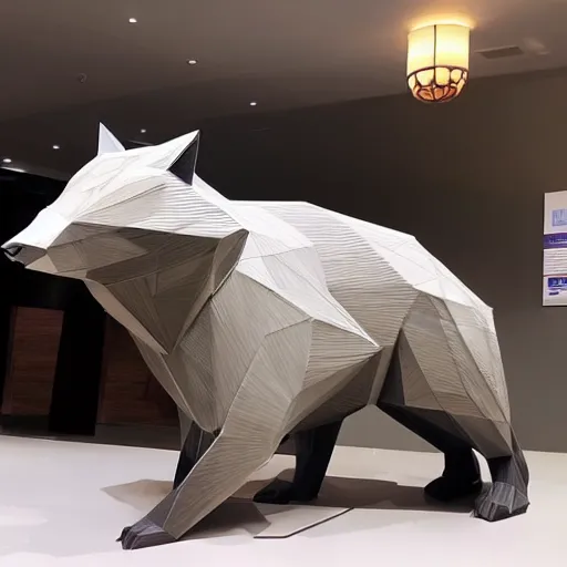 Image similar to a statue of a low-poly badger displayed in a hotel lobby