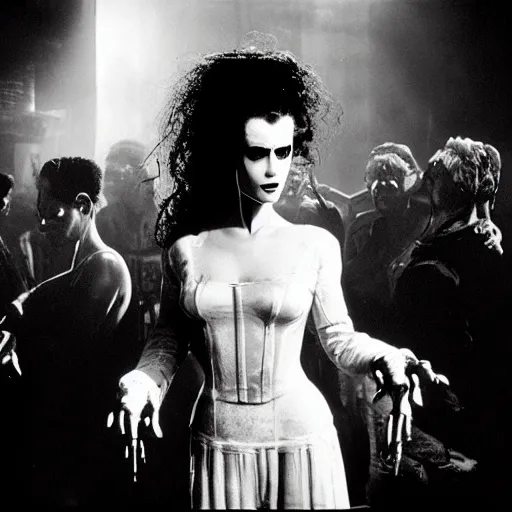 Prompt: cinematic portrait of bride of frankenstein as a replicant in a busy nightclub, frightened and angry, still from the movie bladerunner, fashion photography, a neon sign is in the background