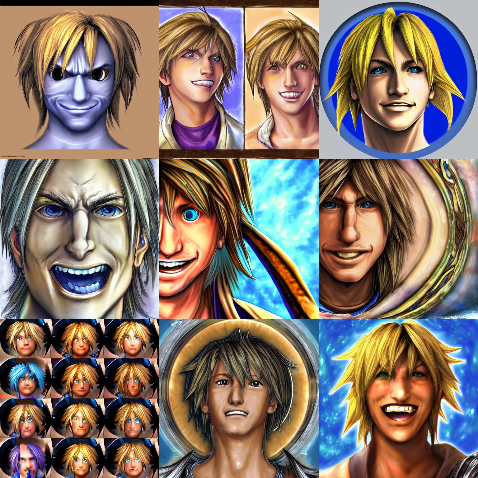 Prompt: tidus from ffx face portrait smiling warped fisheye small face terrible ugly deviantart