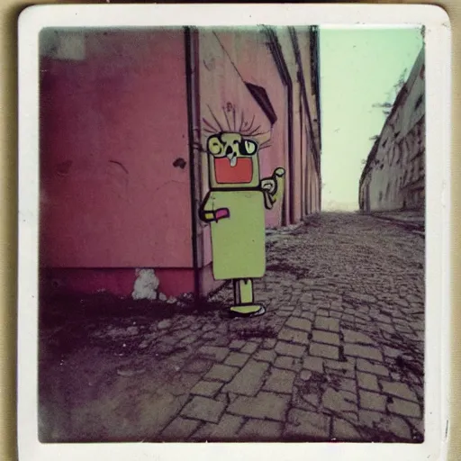 Prompt: polaroid of funny robot walking in abandoned soviet city