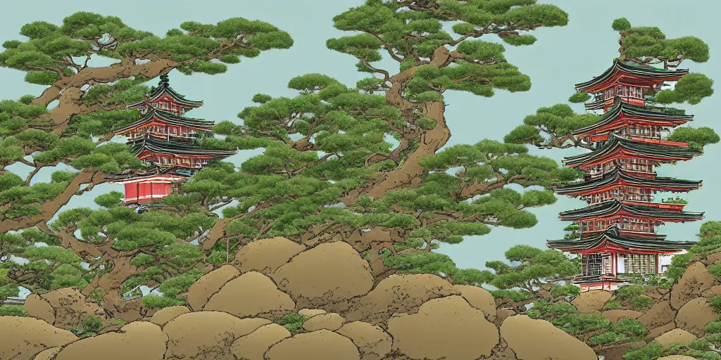 Image similar to japanese landscape with pagoda, trees and rocks, detailed, in the style of studio ghibli