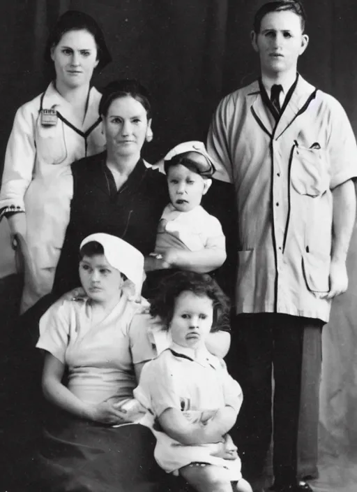 Image similar to old lost footage in black and white of a family of nurses ,hyper realistic 8K HD real life photo