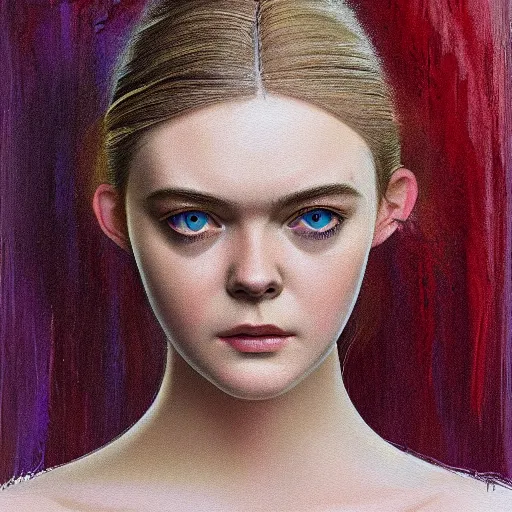 Prompt: professional painting of Elle Fanning in the style of Wayne Barlowe, head and shoulders portrait, symmetrical facial features, smooth, sharp focus, illustration, intricate, stormy weather, extremely detailed masterpiece,