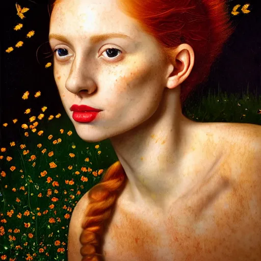 Image similar to a highly detailed digital painting of a red haired young woman, by night among golden fireflies and nature, backlit, deep green eyes, hint of freckles, round gentle face, cheeky smile with red lips, deep focus, smooth, sharp, golden ratio, elegant, art by artemisia lomi gentileschi, caravaggio, greg rutkowski