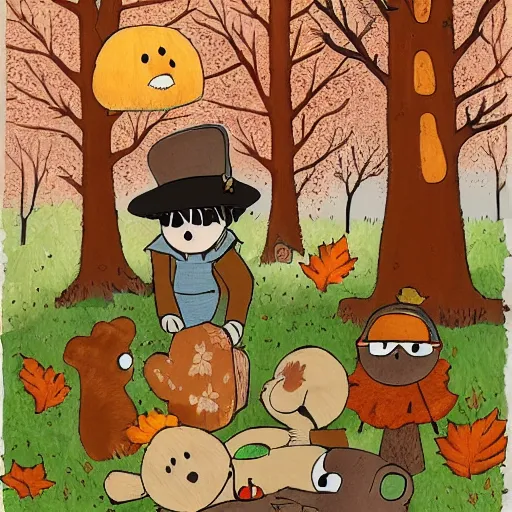 Image similar to autumnal woods with teddy bears, in the style of over the garden wall