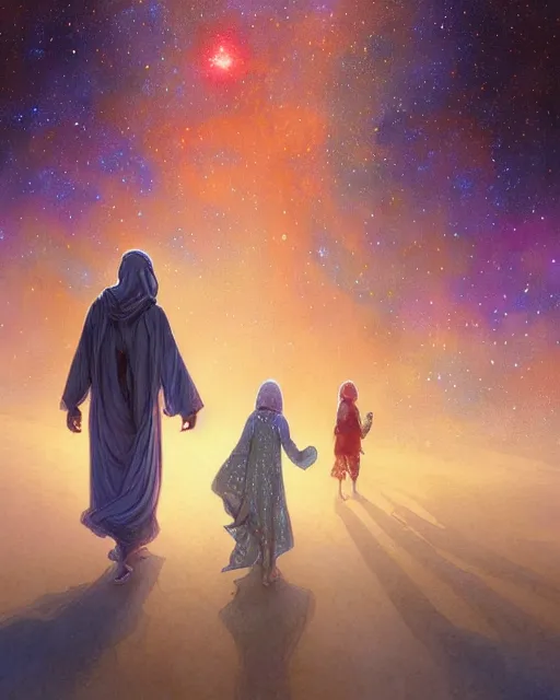 Image similar to bedouin man and woman and child in galaxy walking towards mosque surrounded by nebula, highly detailed, gold filigree, romantic storybook fantasy, soft cinematic lighting, award, disney concept art watercolor illustration by mandy jurgens and alphonse mucha and alena aenami, pastel color palette, featured on artstation