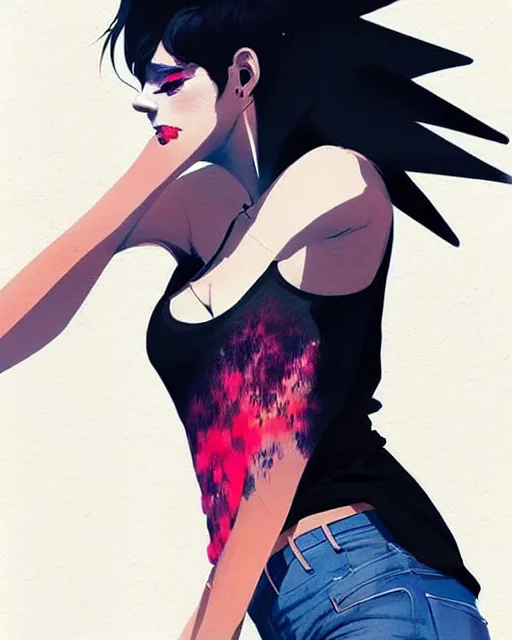 Image similar to a ultradetailed beautiful full body painting of a stylish woman with short hair, she is wearing a black tank top and jeans, by conrad roset, greg rutkowski and makoto shinkai trending on artstation