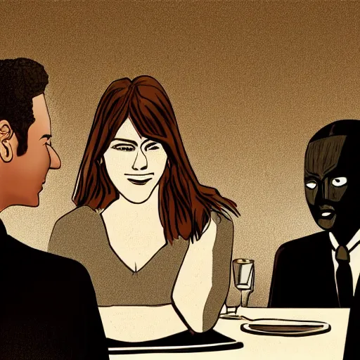 Image similar to The digital art depicts two people, a man and a woman, sitting at a table. The man is looking at the woman with a facial expression that indicates he is interested in her. The woman is looking at the man with a facial expression that indicates she is not interested in him. There is a lamp on the table between them. vantablack, cutaway by Nicolas Mignard casual, kaleidoscopic