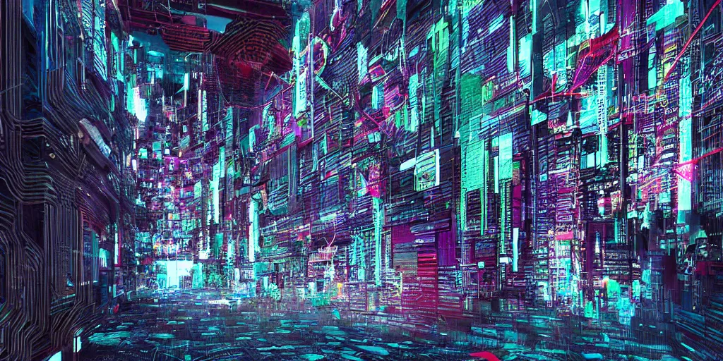 Prompt: futuristic cyberpunk mural, moiree textured glitch art