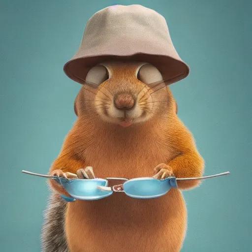 Image similar to a squirrel wearing a bucket hat. pixar.