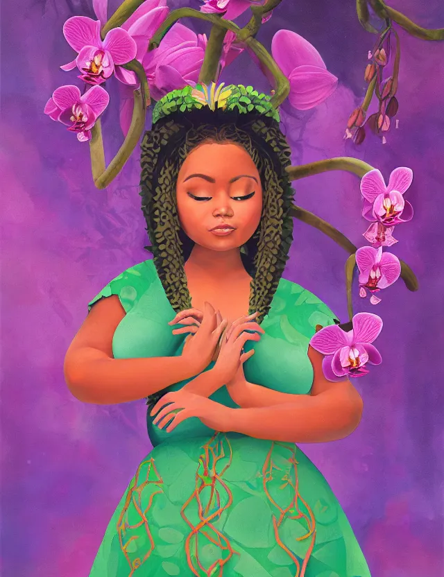 Prompt: plump aztec scifi princess of the orchid rainforest, wearing a lovely dress. this oil painting by the beloved children's book author has an interesting color scheme and impeccable lighting.