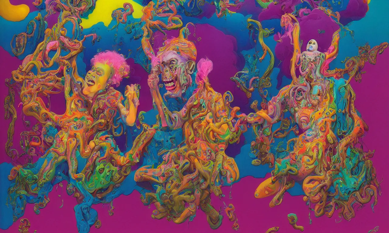 Image similar to a funny person wearing colorful oversized garments with big hair and nose, lisa frank, body horror, by gerard brom, zdzisław beksinski and ansel adams technicolor