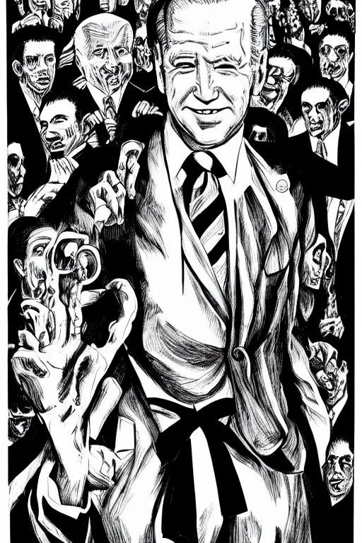 Image similar to Joe Biden full body portrait, body horror, black and white Illustration by Junji Ito