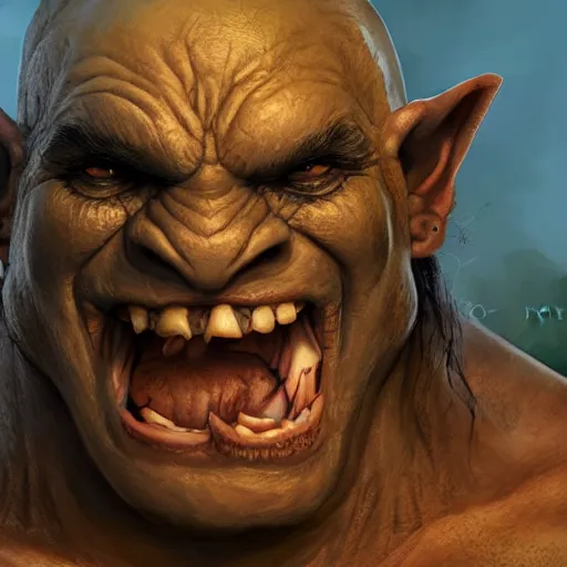 Prompt: An orc smiling into the camera, head-to-shoulder, artstation, realistic, highly detailed, bokeh, by Alex Flores, by Laurel D Austin, by Dave Rapoza