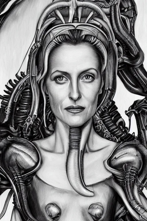 Image similar to portrait of a beautiful young gillian anderson with alien xenomorph queen by h.r. giger, detailed, proportional, trending on art station, 4k