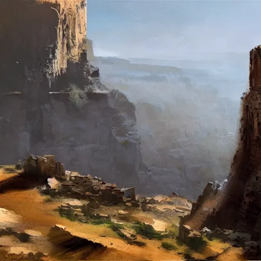 Image similar to concept art by craig mullins : an italian landscape, in the distance a small mesa of white marble can be seen. a stone henge is standig atop of the cliff