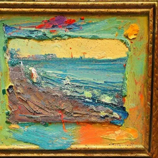 Image similar to oil paint impasto relief, beautiful italian beach scene, multi layered thick brush marks, some splattered paint, in the style of monet and frank auerbach and van gogh